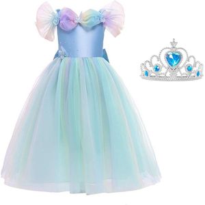 Assepoester jurk Prinsessen jurk licht blauw vlinders Luxe 104-110 (110) + blauwe kroon verkleedjurk verkleedkleding carnavalskleding