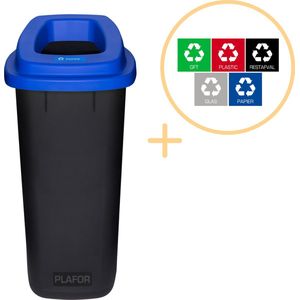 Plafor Sort Bin, Prullenbak voor afvalscheiding - 90L – Zwart/Blauw - Inclusief 5-delige Stickerset - Afvalbak voor gemakkelijk Afval Scheiden en Recycling - Afvalemmer - Vuilnisbak voor Huishouden, Keuken en Kantoor - Afvalbakken - Recyclen