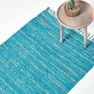Homescapes Glitter leren vloerkleed turquoise-goud 66x200 cm, loper van gerecycled leer