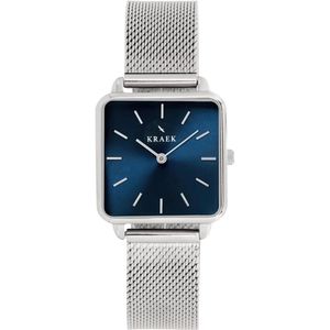 KRAEK Hailey Zilver Blauw 28 mm | Dames Horloge | Zilver mesh horlogebandje | Vierkant | Minimaal Design
