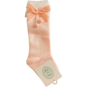 Omer en Odille - kniekousen met velvet strik en pomponnetjes - roze - maat 2-3 jaar