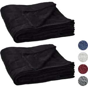 Relaxdays 2 x fleece deken groot - plaid – woondeken - grand foulard - 150x200 cm – zwart