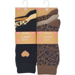 Inter Socks - Damessokken - Leo-coeur print - 12 paar - beige ,bruin ,zwart - hoogwaardige katoen - multipack - maat 36- 41