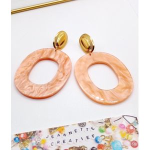 Jeannette-Creatief® - Resin - Ovaal Perzik en Goud - Perzik - Peach - Ovale Oorbellen - Oorbellen Dames - Resin Oorbellen - Resin - Resin Oorhangers - Dames Oorbellen - Oorhangers - Perzik kleur - Oorbellen Peach - Zacht Oranje - Oranje
