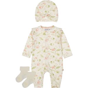 Dirkje - Noppies - Kledingset - Boxpak Offwhite met bloemen en bijpassend mutsje - 1 paar sokjes oatmeal met werkje - Maat 56