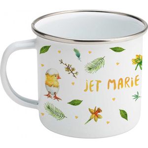 World of Mies emaille mok met naam - pimpelmees vogel kuikens lente pasen - Gepersonaliseerde drinkbeker - kraamcadeau - Dieren in aquarel - Geschilderd door Mies