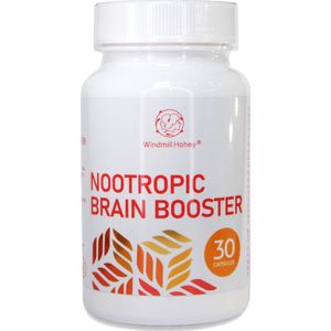 Nootropisch Brain Booster 12 in 1 Fomule- Geheugen Concentratie Taalvaardigheid - Natuurlijk kruiden met Ginkgo Biloba, Korean Ginseng, Bacopa Monnieri, Zinc, Vitamin A en Vitamin B Complex - Gemaakt in Nederland, Windmill Hohey