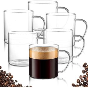 Set van 6 glazen koffiekopjes, 400 ml, grote wijde mond drinkglazen met comfortabele grip, loodvrije koffiemokken voor latte, cappuccino, espresso, warme dranken en thee, sap, thuis en café.