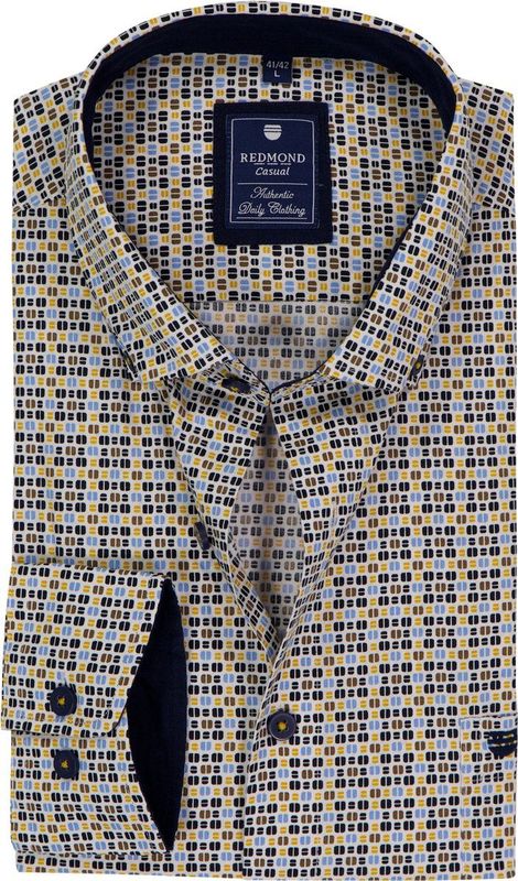 Redmond - Comfort Fit Overhemd - Wit met Blauw - Multicolor Fantasie - Strijkvriendelijk