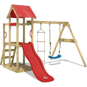 WICKEY speeltoestel klimtoestel TinyPlace met schommel en rode glijbaan, outdoor speeltoestel voor kinderen met zandbak, ladder & speelaccessoires voor de tuin