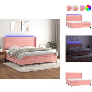 vidaXL Bed - Roze Fluweel - Boxspring 203x203cm - Verstelbaar hoofdbord - LED-verlichting - Pocketvering matras - Huidvriendelijk topmatras - Met montagehandleiding - Bed