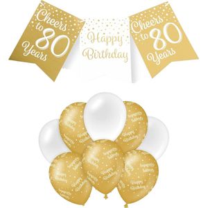Paperdreams Luxe 80 jaar/Happy Birthday feestversiering set - Ballonnen & vlaggenlijnen - wit/goud