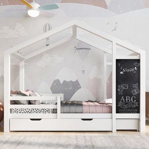 KOMHTOM Kinderbed Kajuitbed 90x200 cm Houten bed met afbeelding en 2 laden Massief hout met barrière en lattenbodem Wit