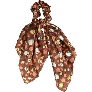 Haarsoires Haarelastiek Scrunchie – Cirkelprint – 25cm Linten – Gladde Stof – Beige Bruin - Haarkrinkel - Haar Elastiek met Stof - Zacht & Haarvriendelijk