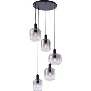 Moderne glazen hanglamp Dentro | smoke / zwart / transparant | vijf lichtpunten | glas / metaal | Ø 40 cm | H 350 cm | woonkamer lamp / vide lamp | modern design