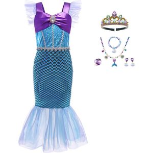 Joya Beauty® Zeemeermin Verkleedjurk Donker Paars | Ariel | Mermaid Verkleedkleding | Maat 104/110 | Jurk + Mermaid Accessoires set | Cadeau meisje