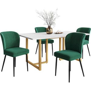 Merax Eetgroep Set - Modern Eettafel met 4 Donkergroene Velvet Stoelen - 140×80×75 cm - MDF Tafelblad in Wit met L-vormige Gouden Poten