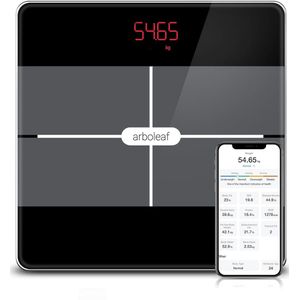 Lichaamsanalyse weegschaal met app en 13 lichaamsmassa - Bluetooth personenweegschaal voor BMI, lichaamsvet en spieren - 180 kg (Zwart)
