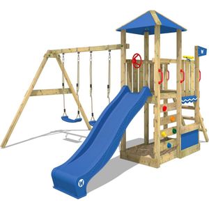 WICKEY speeltoestel klimtoestel Smart Savana met schommel & blauwe glijbaan, outdoor kinderspeeltoestel met zandbak, ladder & speelaccessoires voor in de tuin