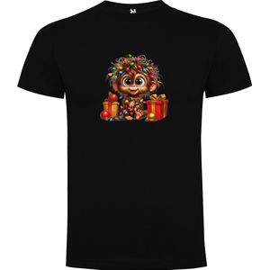 Zwart T-Shirt met “Kleurrijke Leuk Kerst Aapje met Kerstlampjes in de war en Kado's / Vrolijk Kerstfeest “ Print Full Color Maat 3XL