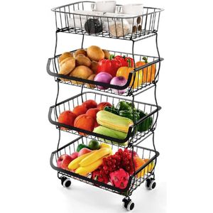 Fruitmand Met 4 Etages - Groentemanden Stapelbare Metalen Opbergmanden Met Wielen - Voor Keuken, Voorraadkast & Toilet - Ruimtebesparend Design