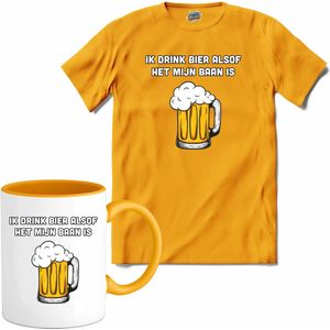Bier drinken is mijn baan  - Bier kleding cadeau - bierpakket kado idee - grappige bierglazen drank feest teksten en zinnen - T-Shirt met mok - Heren - Geel - Maat 3XL