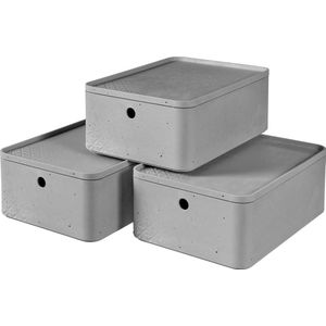 Opbergdoos M met deksel (8L), set van 3, kunststof, lichtgrijs (beton), medium