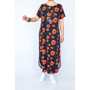 Rode papaverbloemen op donkerblauwe jurk met rug bandjes - XXL/44