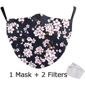 Mondkapje zwart met roze bloesem wasbaar