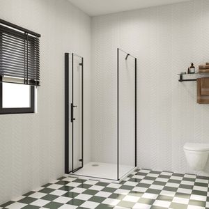 85x80x195cm douchecabine met inklapbare vouwdeur en vaste zijwand, 6mm helder EasyClean veiligheidsglas,mat zwarte aluminium frame, stabilisatiestang 50 cm