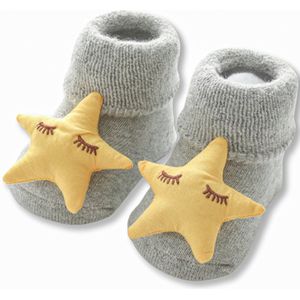 Babysokjes Gele Ster - 0-6 maanden - grijs - zacht - gevoerd fleece - anti-slip - katoen - kleine kinderen - 3D ster - kraamcadeau - jongen - meisje - pasgeboren - cadeau