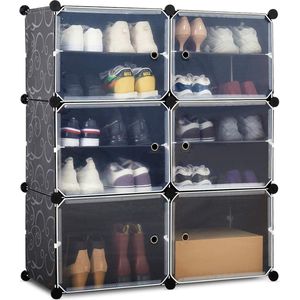 Schoenopbergkast, schoenenrek, schoenopbergideeën, plastic opvouwbare schoenopbergunit met 6 lagen, modulaire schoenorganizer voor ruimtebesparing (zwart)