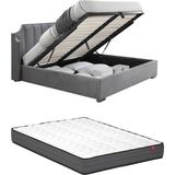 Vente-unique Bed met opbergruimte 180 x 200 cm met hoofdbord met inkeping - Velours - Lichtgrijs + matras - TEOMIS L 204 cm x H 122.5 cm x D 216 cm