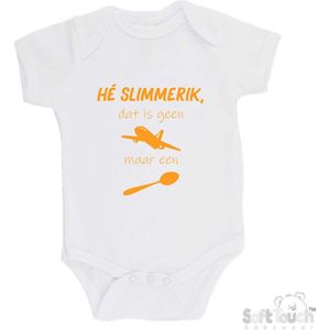100% katoenen Romper ""He slimmerik, dat is geen vliegtuig maar een lepel"" Unisex Katoen Wit/mosterd Maat 56/62
