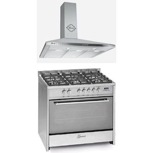 GURARI GCH E 911 X, Gasfornuis 90 cm,Reiscooktoestel, 121L+Wandafzuigkap GCH C 147 IS 90 N, Afzuigkap 90 cm