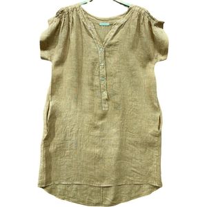 Luchtige linnen jurk- kleur CAMEL - korte raglan mouwen - zijzakken en knoppen - maat 42/44