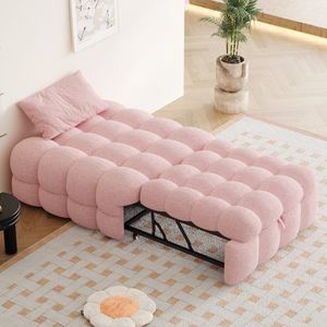 Sweiko Eenpersoonsbed - 2 in 1 Voetenbank - Uitschuifbaar bed - met Zachte kussens - Teddystof - Roze
