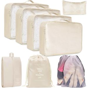 Koffer-organizer, compressie set, 9 stuks, lichtgewicht packing cubes, reisorganizers, vakantie en reizen, waterdichte reiskofferorganizer voor rugzak, koffer (beige)