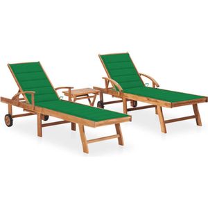 vidaXL - Ligbedden - 2 - st - met - tafel - en - kussens - massief - teakhout