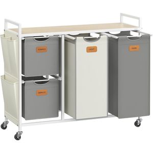 VASAGLE Wasmand 4 compartimenten, wasverzamelaar 150 L, wassorteerder, wielen, waswagen met plank, waszak, kleine zijvakken, 6 labels, naturel beige-duifgrijs-crèmewit