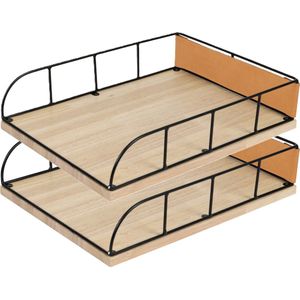 Modern Spirit Brievenbakje/documenten opbergbak - 2x - zwart/beige - metaal/hout - L24 x B32 x H7 cm - Kantoorbenodigdheden - Bureau-accessoires