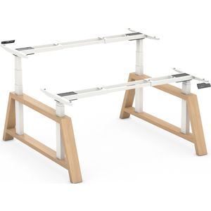 Worktrainer - OakDesk Dubbel Zit Sta Bureau - Hoogte 73,5 - 137,5 cm - Breedte 107,5 - 180 cm – Wit/Eiken - Linak DPG Memory Bediening - In Hoogte Verstelbaar Bureau Duo Onderstel - Elektrisch Frame