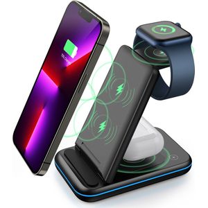 Draadloos Oplaadstation - Zwart - 3-in-1 - Opvouwbaar - Met USB-C Kabel