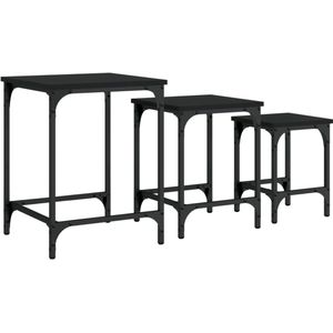 The Living Store 3-delige Tafeltjesset bewerkt hout zwart - Salontafelset - Industrieel Design - Houten Salontafel - Metalen Frame - Multifunctioneel