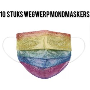 Glitter wegwerp mondmaskers - Regenboog - per 10 stuks