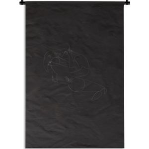 Wandkleed Line-art Koppel - 6 - Line-art illustratie kussend koppel op een zwarte achtergrond Wandkleed katoen 120x180 cm - Wandtapijt met foto XXL / Groot formaat!