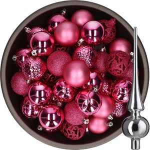 Bellatio Decorations Kerstballen 37x stuks - fuchsia roze 6 cm - met glazen piek zilver