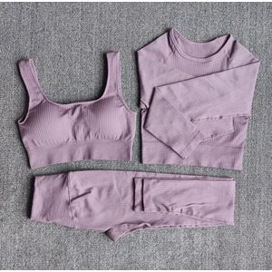 Gymset - LIGHT RIBBED - Maat L - Paars - 3delig - Sportkledingset - Sportset - Gymlegging en top - Fitness set - Fitness legging & top - Yoga set - Yogalegging en top