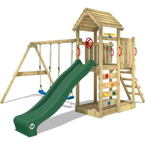 WICKEY speeltoestel klimtoestel MultiFlyer met houten dak, schommel & groene glijbaan, outdoor klimtoren voor kinderen met zandbak, ladder & speel-accessoires voor de tuin