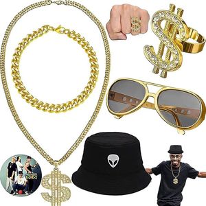 5 Stuks 80s / 90s Hip Hop Kostuum, Hiphop-Kostuumset Rapper-Accessoires, Dollar Ketting, Zonnebril, Gouden Ring Dollartekens, Bucket Hoed, Geschikt voor Verjaardagen, Carnavalsfeesten